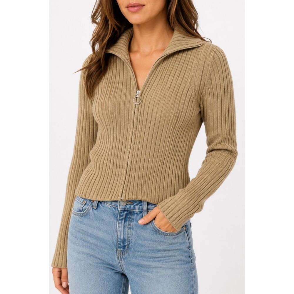 Vintage Gap Tan Ribbed Zip Up Sweater Women's Small Y2K Preppy Knit